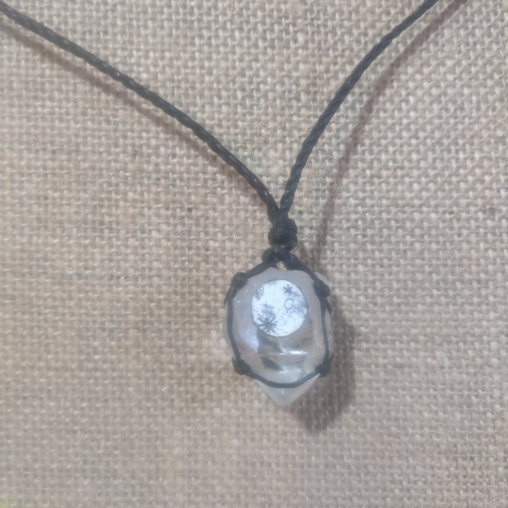 Habd painted moon and clear quartz crystal necklac